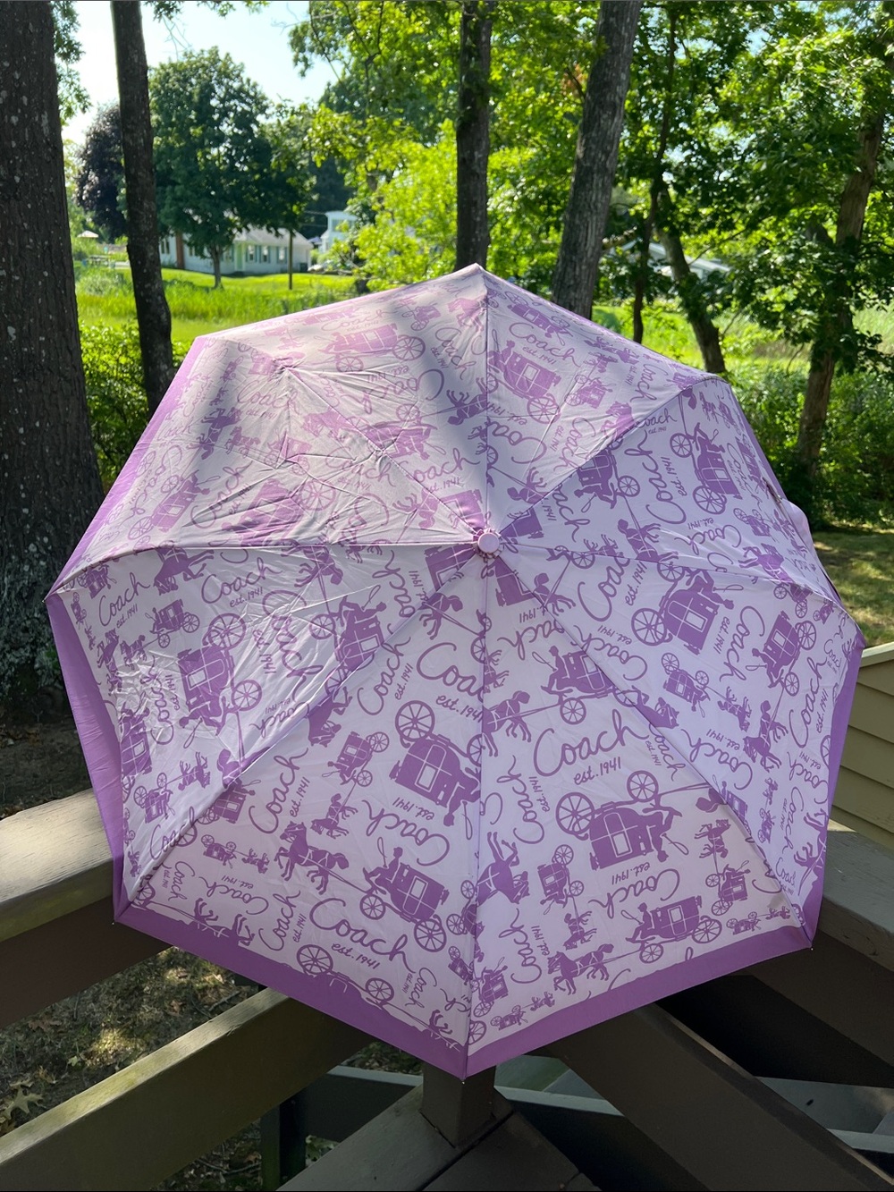 Coach Purple Compact Umbrella with Horse & Carriage Print - Picture 7 of 7